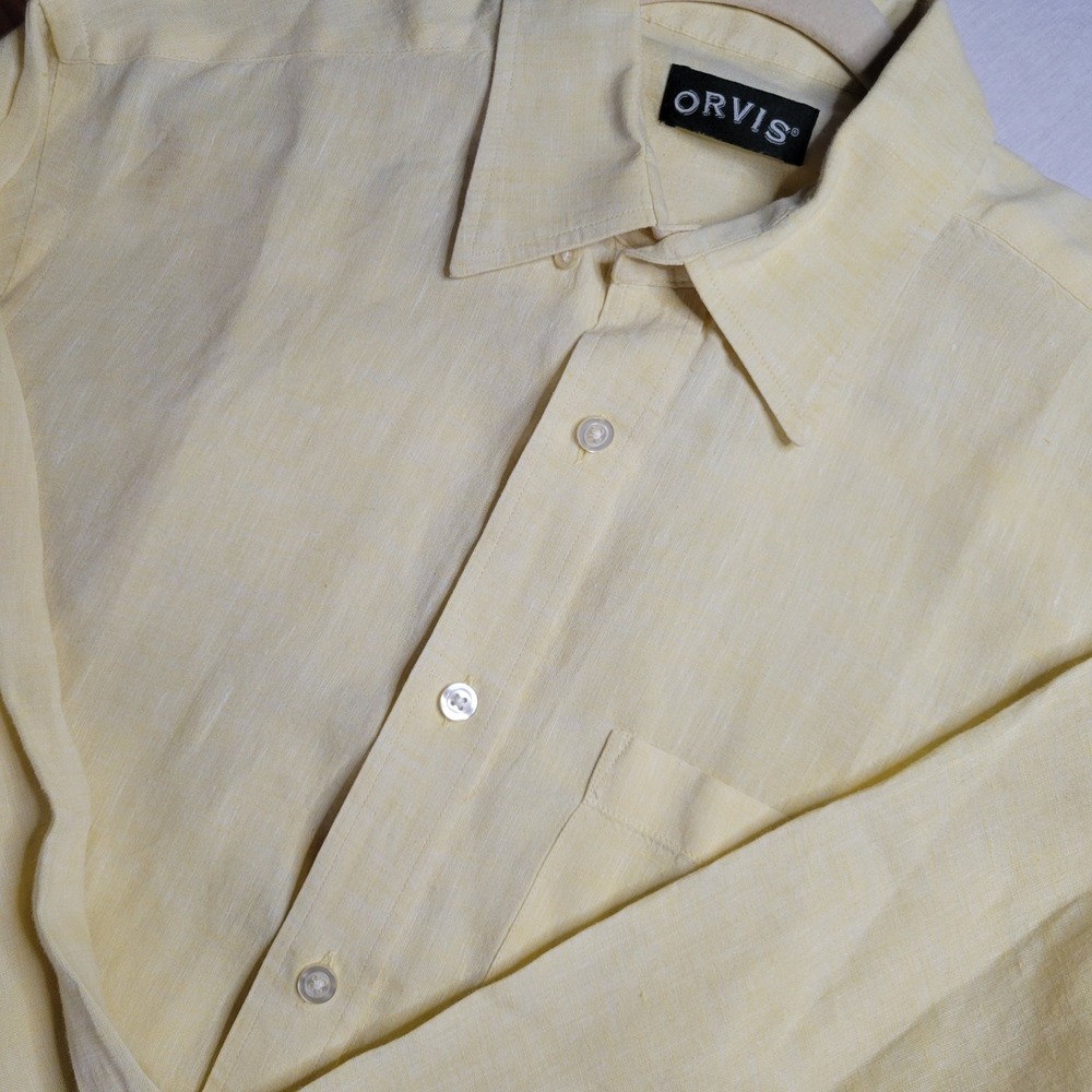 Orvis Mens 100% Linen Button Down Shirt Long Sleeve Butter Yellow Size Medium